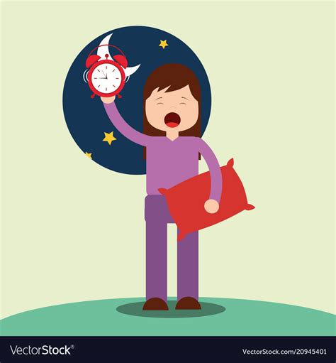 Girl Waking Up Holding Pillow And Clock Royalty Free Vector