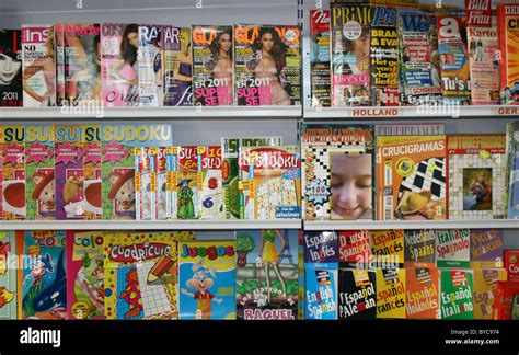 Spanish Magazines Puzzle Books And Phrase Books On Sale Stock Photo