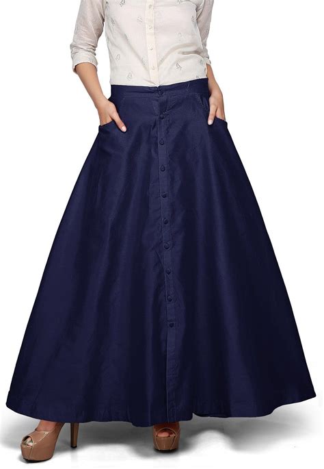 Plain Dupion Silk Long Skirt In Navy Blue Thu412