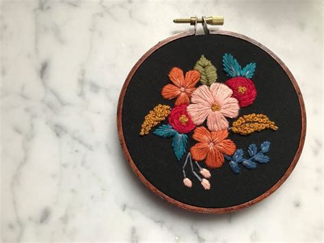 Hand Embroidered Hoop Art Floral Flower 4 Stained Hoop Embroidery By