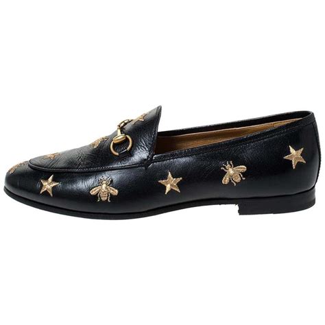 Gucci Black Leather Jordaan Embroidered Bee Horsebit Slip On Loafers