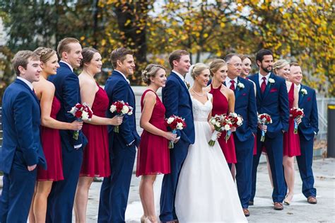 Cranberry And Navy Wedding Party For Fall Wedding Red Bridesmaid