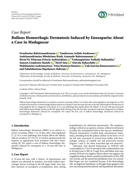 Pdf Case Report Bullous Hemorrhagic Dermatosis Induced By Enoxaparin
