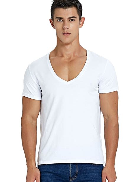 Deep V Neck T Shirt For Men Low Cut Scoop Neck Top Tees Drop Tail Short Sleeve Male Cotton