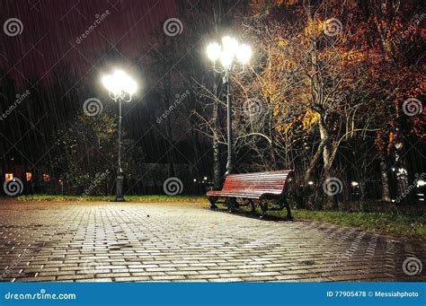 Autumn Rainy Night With Lonely Bench Under Falling Autumn Rain Night