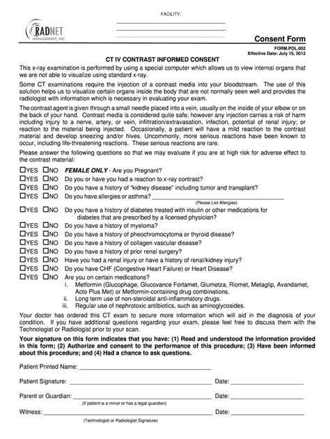 Pregnancy Consent Form For Radiology Printable Consent Form