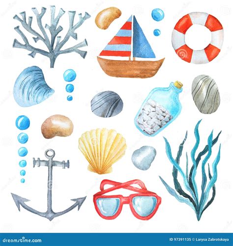 watercolor sea nautical elements set stock illustration illustration of tropical hand 97391135