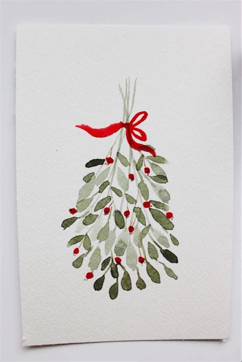 Original Mistletoe Watercolor Painting Christmas Mistletoe With Red