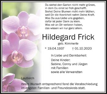 Traueranzeigen Von Hildegard Frick Schwaebische De Trauerportal