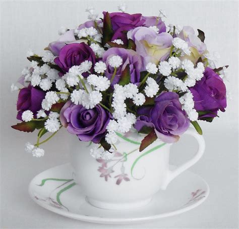 Teacup Silk Flower Arrangement Purple And Lavender Rosebuds