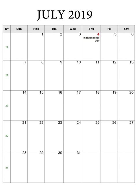 July 2019 Printable Calendar July Calendar Holiday Calendar Print