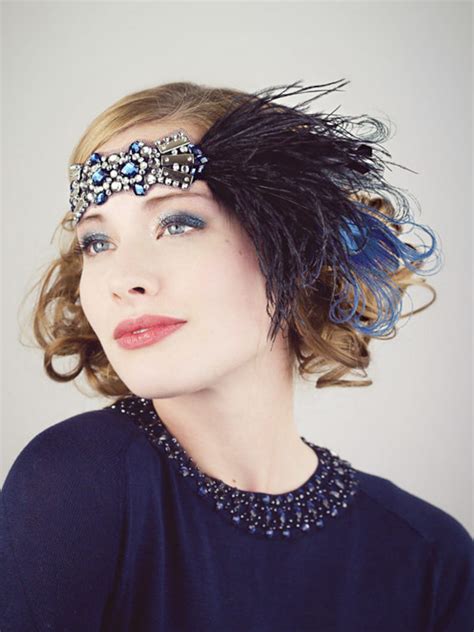 Deco Flapper Feather Headband Black Silver And Sapphire Blue Etsy