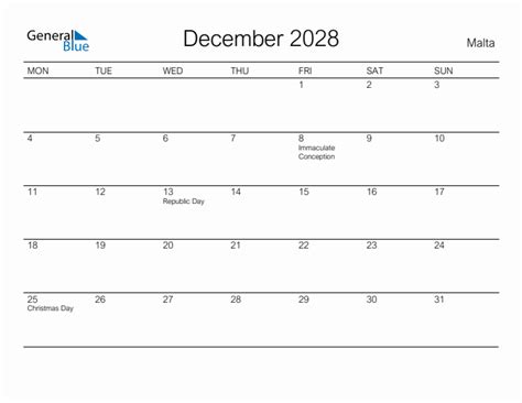 Printable December 2028 Monthly Calendar With Holidays For Malta