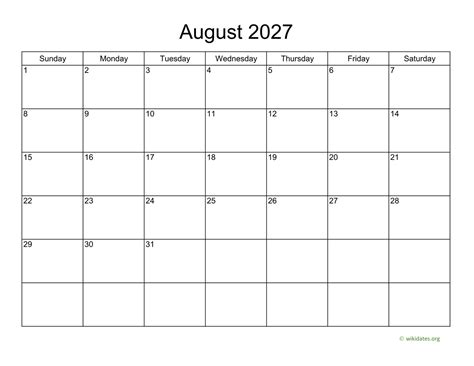 Basic Calendar For August 2027