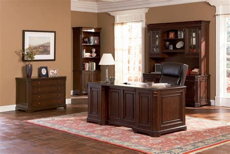 The extra shelving can go beyond office supplies—display inspiring botanicals and florals in. Brown Wood Desk Set - Classic Paneled Home Office ...