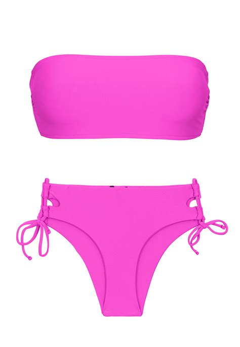 Magenta Pink Bandeau Bikini With Double Sides Tie Set Uv Pink Bandeau