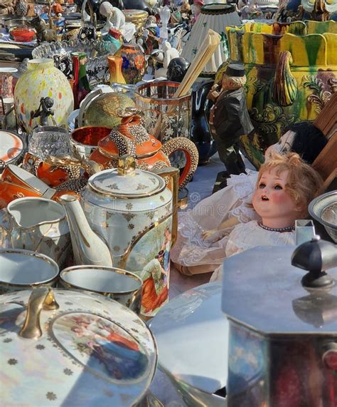 Old And Used Items Displayed For Sale At The Flea Market Stock Photo