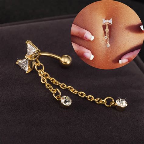 Sexy Dangle Belly Bars Belly Button Rings Gold Color Belly Piercing Cz Crystal Bowknot Body