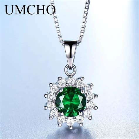 Umcho Solid 925 Sterling Silver Necklace Created Green Emerald Gemstone