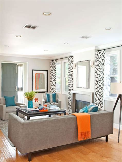 Modern Gray Living Room With Turquoise And Orange Accents
