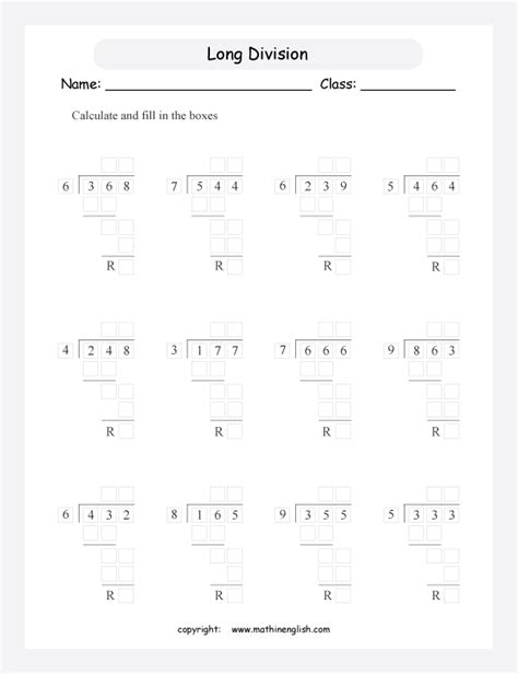 6th grade long division worksheets. Divided 3 digit numbers by 1 digit, using the long ...