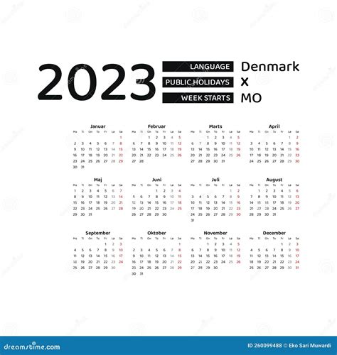 Denmark Calendar 2023 Week Starts From Monday Stock Illustration