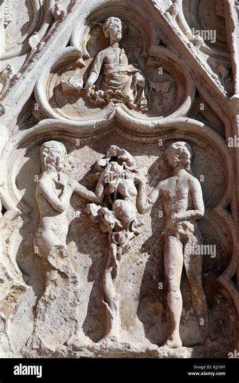 Der Kathedrale Von Auxerre Dem Heiligen Stephan Geweiht West Front Stein Flachrelief Adam