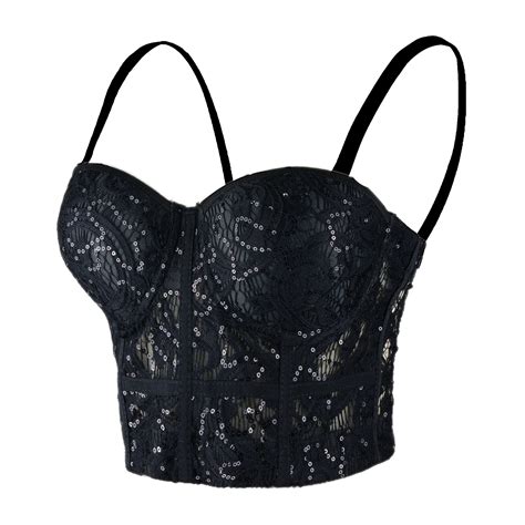 women s sequin lace bustier crop top sexy mesh corset vest black fancymake