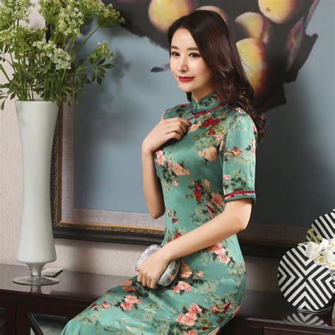 new arrival women s long cheongsam green hot sale traditional china lady silk qipao elegant slim