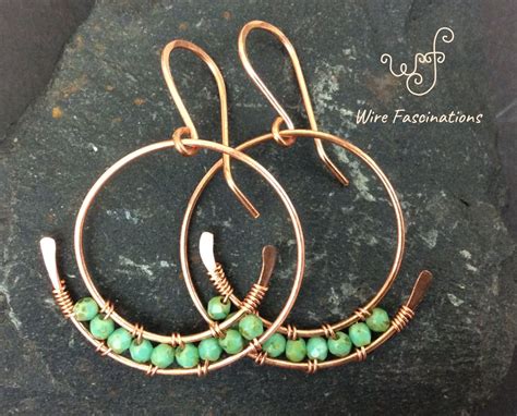 Handmade Copper Earrings Spiral Hoops With Wire Wrapped Faceted