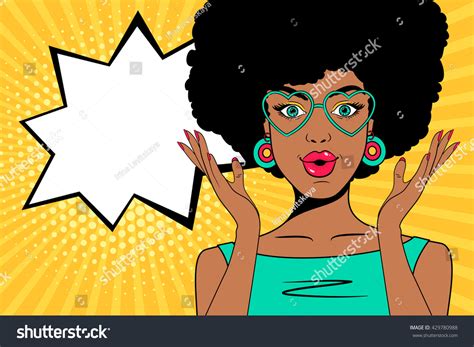 Wow Pop Art Face Sexy Surprised African Woman With Open Mouth Glasses