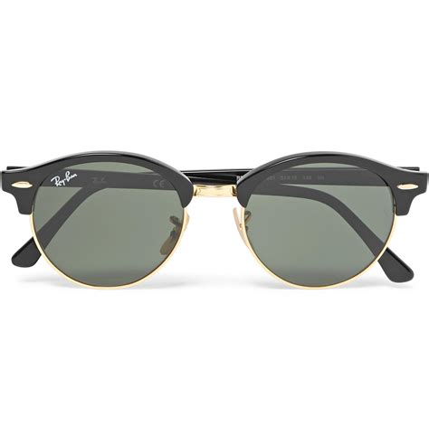 ray ban leather clubmaster round frame acetate and gold tone polarised sunglasses in black for