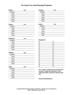 In this meal planning worksheet, learners record daily food choice on a chart that includes breakfast, lunch, dinner and snacks. Editable meal planning worksheet pdf - Fill, Print ...