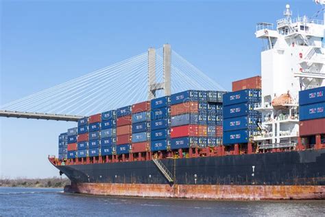 Cargo Container Ship Arriving To The Port Of Savannah Editorial Image