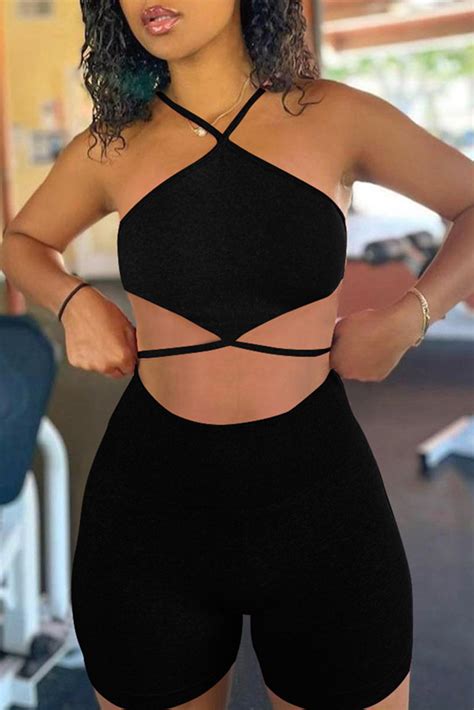 Wholesale Black Fashion Sexy Solid Hollowed Out Backless Halter