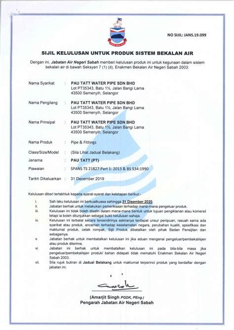 Bina pyk sdn.bhd was incorporated in 1999 to complement and replace bina skl sdn. SABAH Approval | Pau Tatt Water Pipe Sdn Bhd