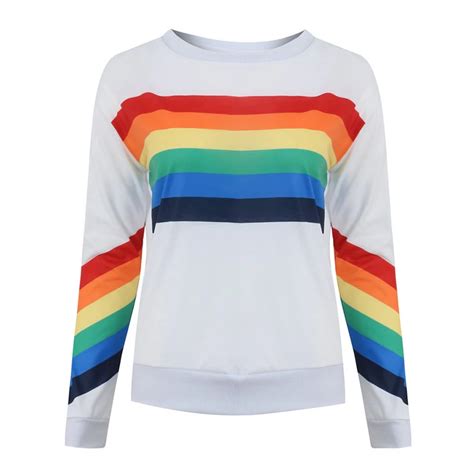 Women Rainbow T Shirt Long Sleeves O Neck Drop Shoulder Striped Loose