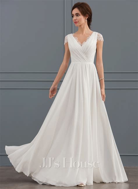 A Line V Neck Floor Length Chiffon Lace Wedding Dress With Ruffle