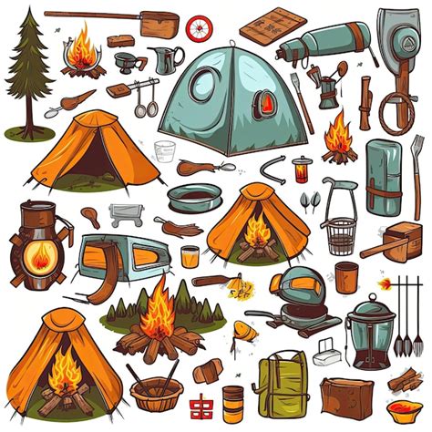 Elementos De Camping Simple Sobre Fondo Blanco Estilo De Dibujos