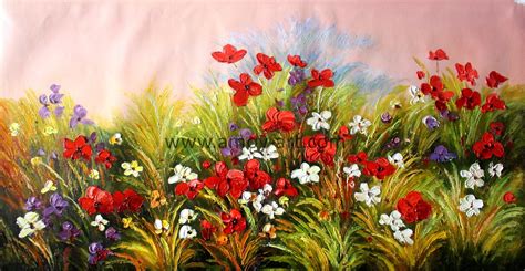 Chinese Handmade Textural Red Floral Field Oil Paintings For Wall Decor