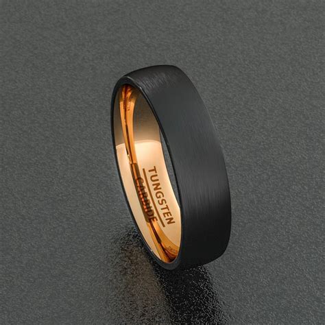 Mens Wedding Band 6mm Black Brushed Tungsten Ring Dome Rose Gold Inside