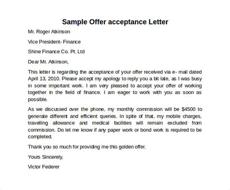 Free 8 Sample Offer Acceptance Letter Templates In Pdf Ms Word