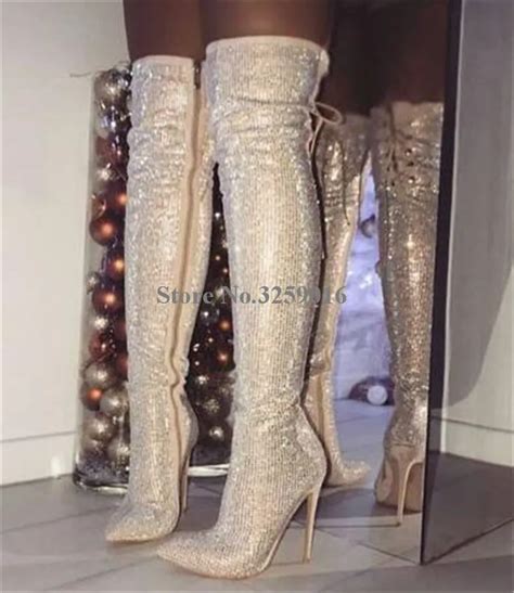 ladies sexy bling bling pointed toe rhinestone over knee thin heel boots lace up crystal long