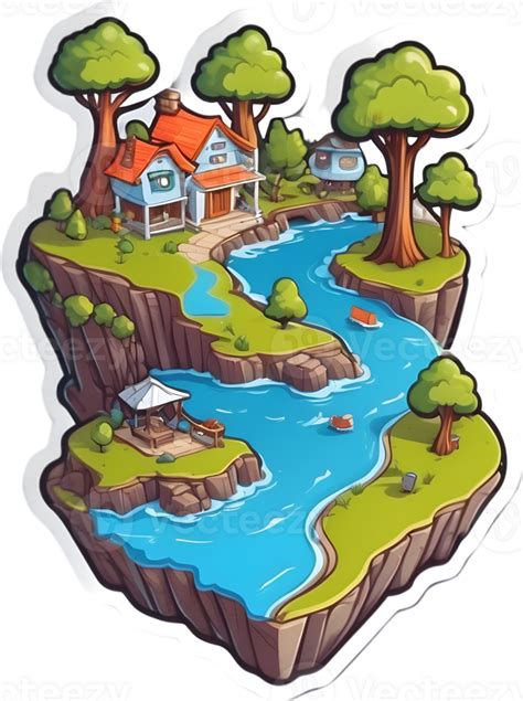 Cartoon Island With Houses And Trees Ai Generative 33243020 Png