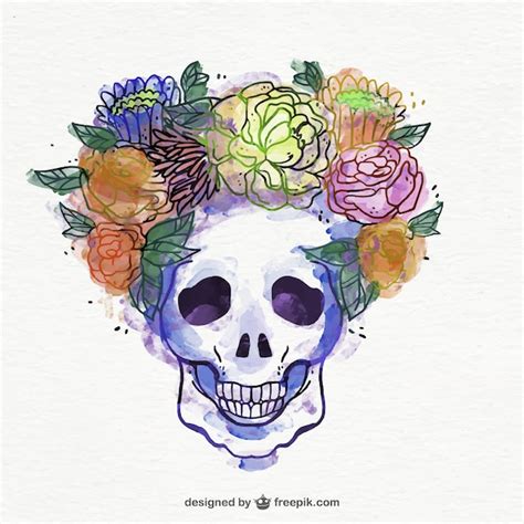 Free Vector Skull With Watercolor Flower Decoration