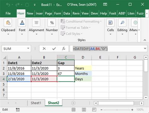 Excel DATEDIF Formula To Show Time Gap Between Two Dates