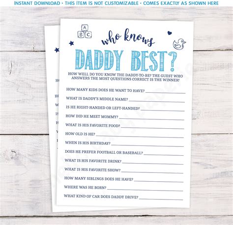 Who Knows Daddy Best Baby Shower Game Boy Baby Shower Baby Shower