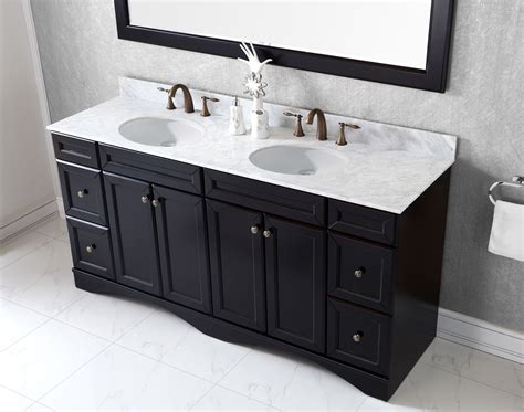 The espresso bathroom vanity features four doors with glass inserts. 72" Double Bath Vanity in Espresso with Marble Top and ...
