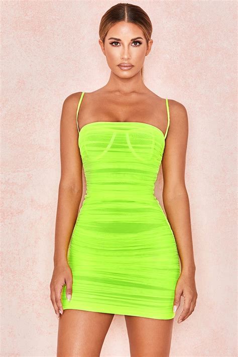 Clothing Bodycon Dresses Ella Neon Green Ruched Organza Mesh Mini Dress Mini Dress