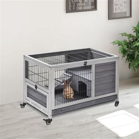 Pawhut Wooden Indoor Rabbit Hutch Elevated Cage Habitat With Enclosed